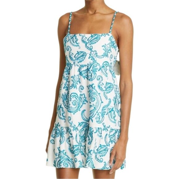 Alice + Olivia Khira Teal Embroidered White Summer Mini Dress Size 12 $465 - Picture 4 of 5